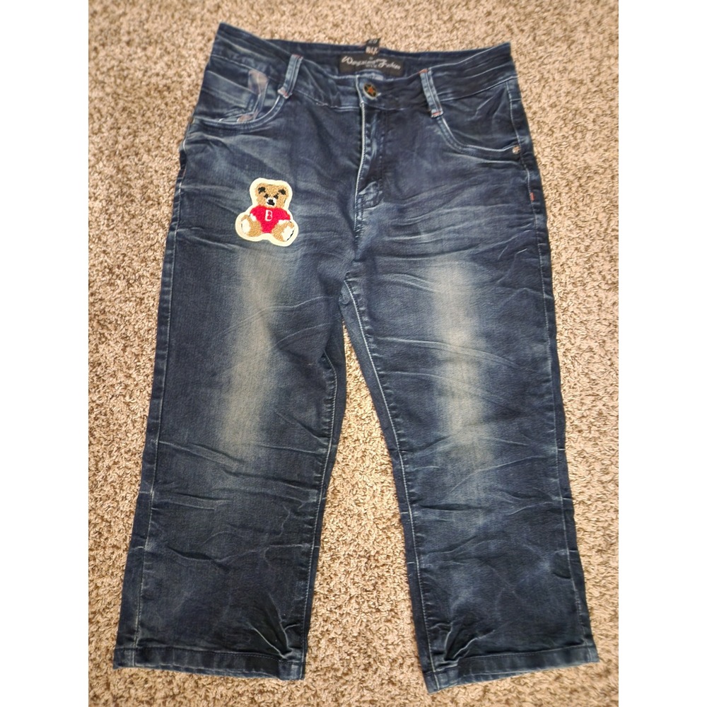 Wanglixiang Y2K WLX Dark Wash Bear Patch Denim Capris Size 29 Cropped Jeans P8